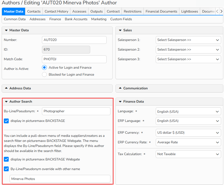 Screenshot of the Author Master Data record window. Ui elements to select author name display options in Backstage and Webgate are highlighted.