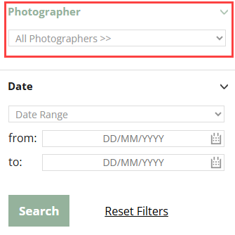 A screenshot of the Author Search Filter in Webshop showing a dropdown menu that lists photographers.