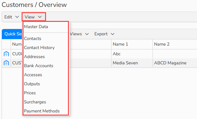 Screenshot of Customers Overview window. Navigation elements to support switching between views are highlighted.