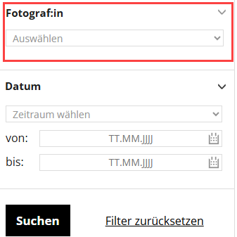 Screenshot des Urheber-Suchfilters im Webshop, das ein Drop-down-Menü zeigt, in dem Fotografen aufgelistet sind.