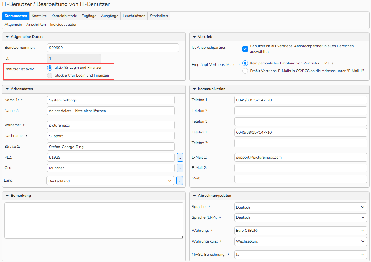 Screenshot eines Stammdatensatzfensters für Benutzer der Administration. UI-Elemente zum Aktivieren und Deaktivieren von Benutzern sind hervorgehoben.