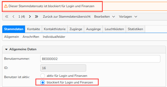 Screenshot eines Stammdatensatzfensters für Benutzer der Administration. UI-Elemente zeigen den deaktivierten Benutzer.