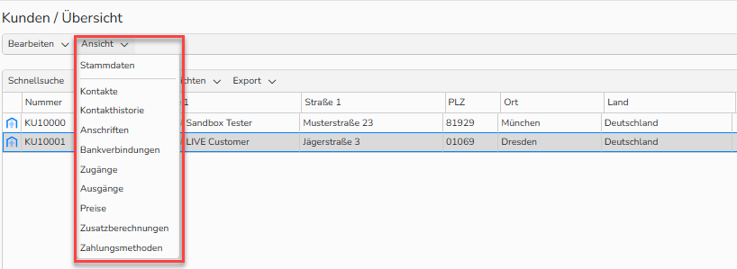Screenshot des Fensters „Kundenübersicht“. Die Navigationselemente zum Wechseln zwischen den Ansichten sind hervorgehoben.