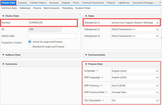 A screenshot of Master Data setup window showing Number, Salesperson and Finance Data fields.