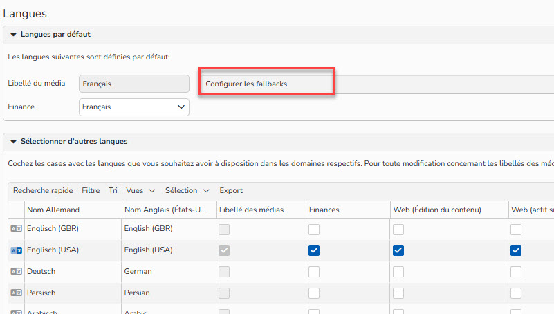 Capture d'écran mettant en évidence le bouton Configurer les fallbacks