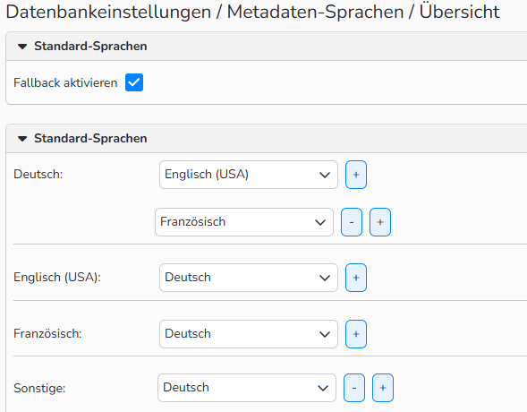 Ein Screenshot des Fensters der Datenbank-Einstellungen für Metadaten-Sprachen. Es werden UI-Elemente angezeigt, mit denen Sie die Fallback-Sprachen für jede Ausgangssprache festlegen können.