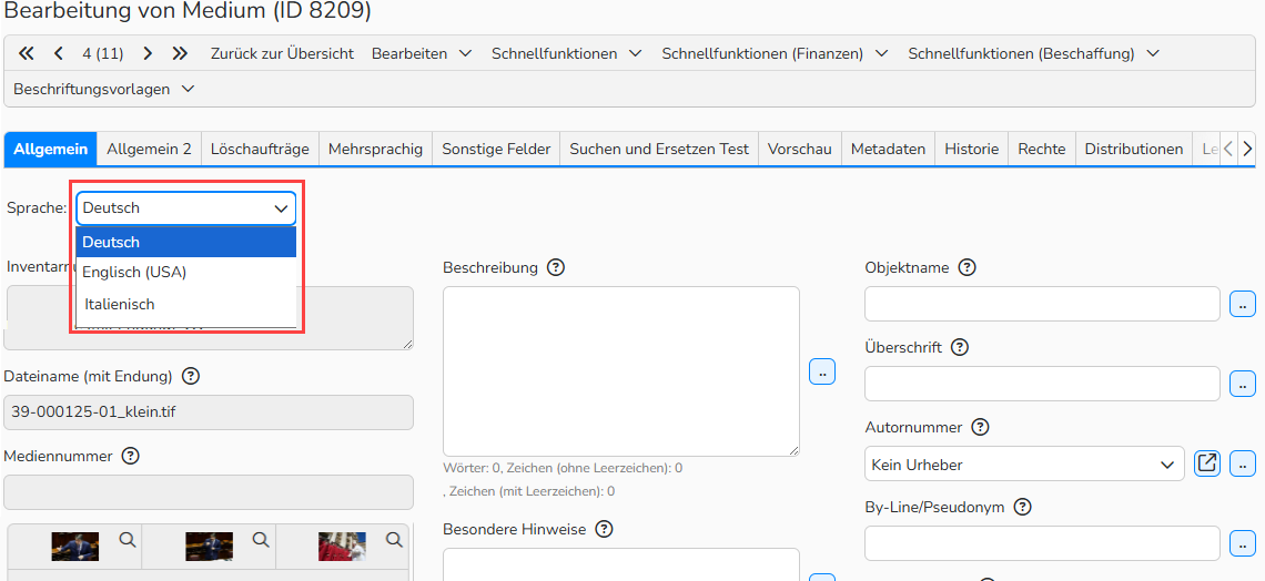 Ein Screenshot des Fensters „Bearbeitung von Medium“ mit dem Drop-down-Menü „Sprache“.