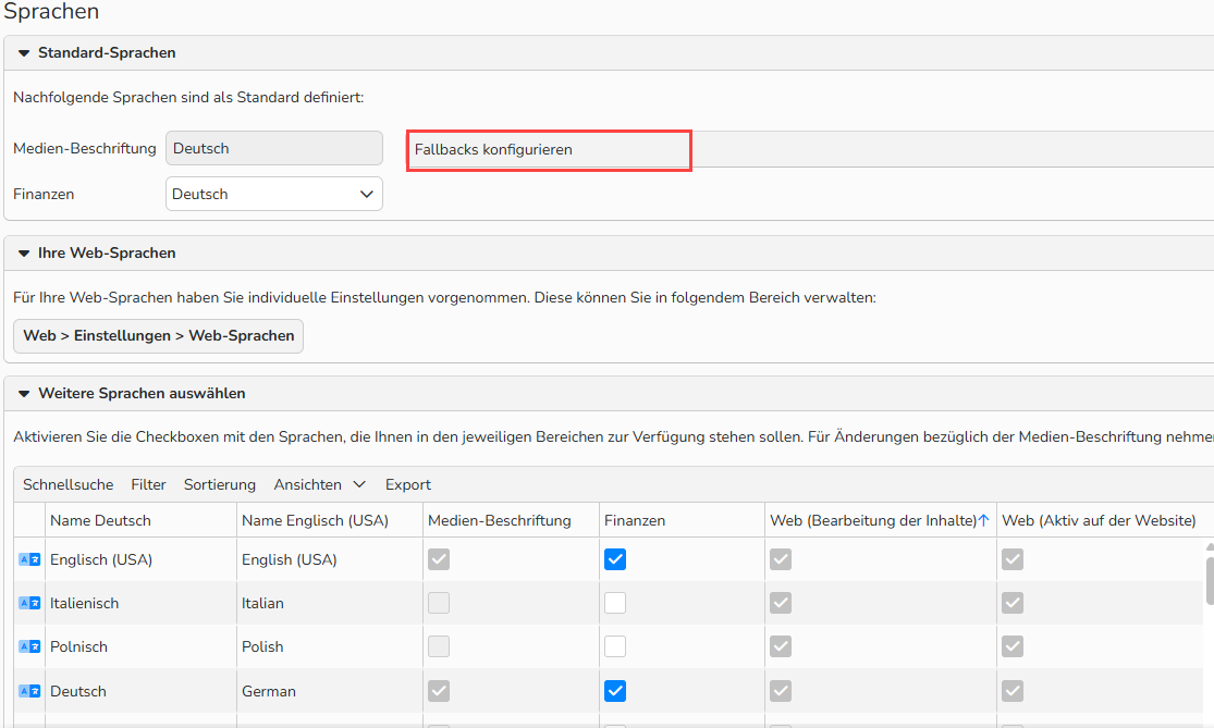 Ein Screenshot des Fensters der Spracheinstellungen, in dem Optionen zur Konfiguration von Fallback-Sprachen angezeigt werden.