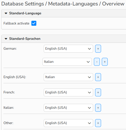 A screenshot of the database settings window for metadata languages. UI elements to set fallback languages for each source language are shown.