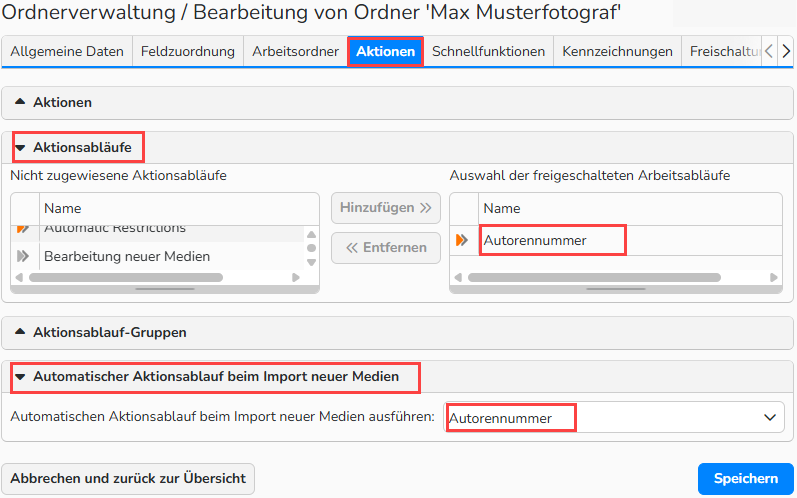 Screenshot des Fensters zur Ordnerverwaltung mit geöffnetem Tab Aktionen. Die hervorgehobenen Optionen zeigen, wie der Aktionslauf dem Ordner des Autors zugewiesen wird.