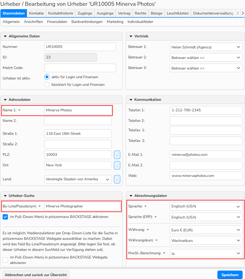Screenshot des Urheber‑Setup‑Fensters, in dem die Pflichtfelder hervorgehoben sind.