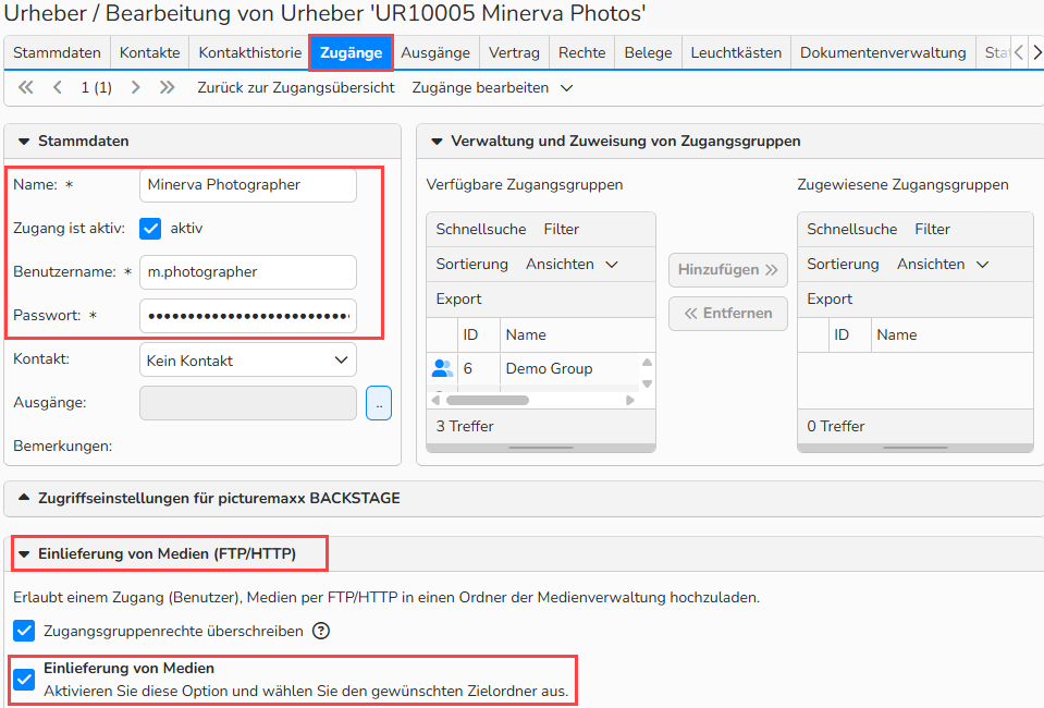 Screenshot des Autoren-Setup-Fensters mit geöffnetem Tab Zugänge, der die Konfigurationsoptionen für die Zugriffsrechte des Fotografen zeigt. Die Pflichtfelder sind hervorgehoben, das Kontrollkästchen Zugang ist aktiv sowie das Kontrollkästchen Einlieferung von Medien sind ausgewählt.