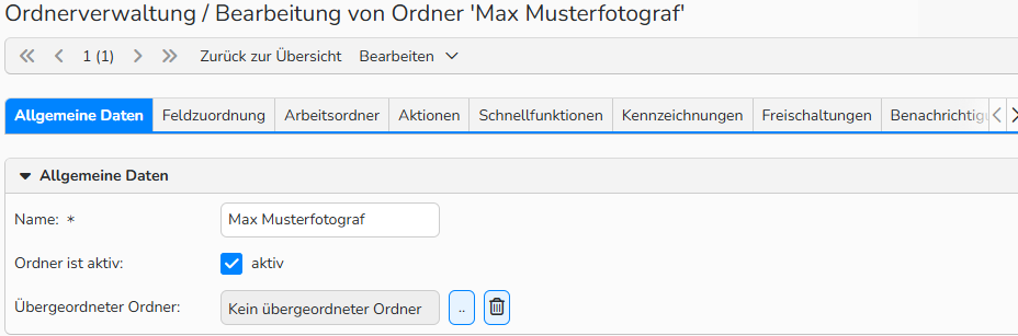 Screenshot eines Fenster in der Ordnerverwaltung mit den Tabs zur Bearbeitung. Der Tab Allgemeine Daten ist geöffnet und die Funktion Ordner ist aktiv ist aktiviert.