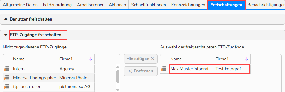 Screenshot des Fensters Ordnerverwaltung mit geöffnetem Tab Zugänge, in dem die Optionen zur Auswahl von Benutzern hervorgehoben sind, die über FTP hochladen dürfen.