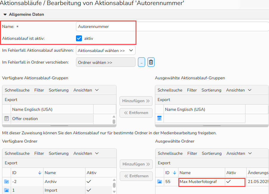 Screenshot des Konfigurationsfensters für Aktionsabläufe, in dem die hervorgehobenen Einstellungen zur Zuweisung des Aktionsablaufs Autornummer an den ausgewählten Ordner zu sehen sind. Die Option Aktionslauf ist aktiv und der ausgewählte Ordner sind hervorgehoben.