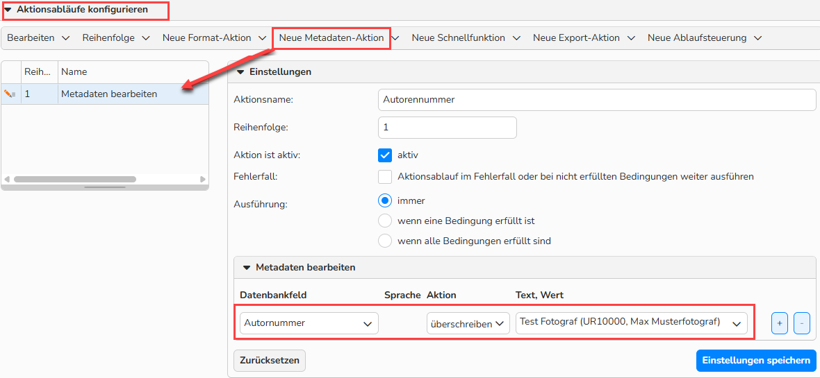 Screenshot des Konfigurationsfensters für Aktionsläufe mit geöffnetem Bereich „Aktionslauf konfigurieren“. Die hervorgehobenen Optionen zeigen, wie die Aktion „Ersetzen und Bearbeiten“ eingerichtet wird, um den Author Code den Metadaten zuzuweisen.