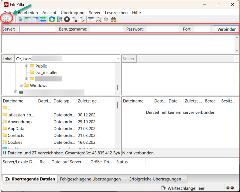 Screenshot of the FileZilla program with the Server Manager open. The Server Manager and the fields used to connect to the server are highlighted: Server, User, and Password.