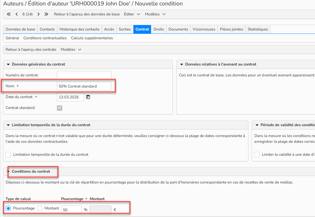 Capture d'écran montrant comment configurer les conditions contractuelles