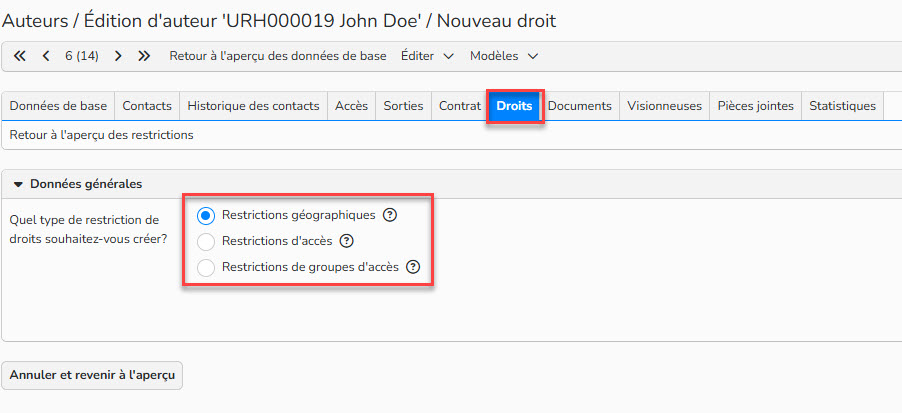 Capture d'écran montrant comment configurer des restrictions pour un auteur. L'onglet Droits est mis en évidence