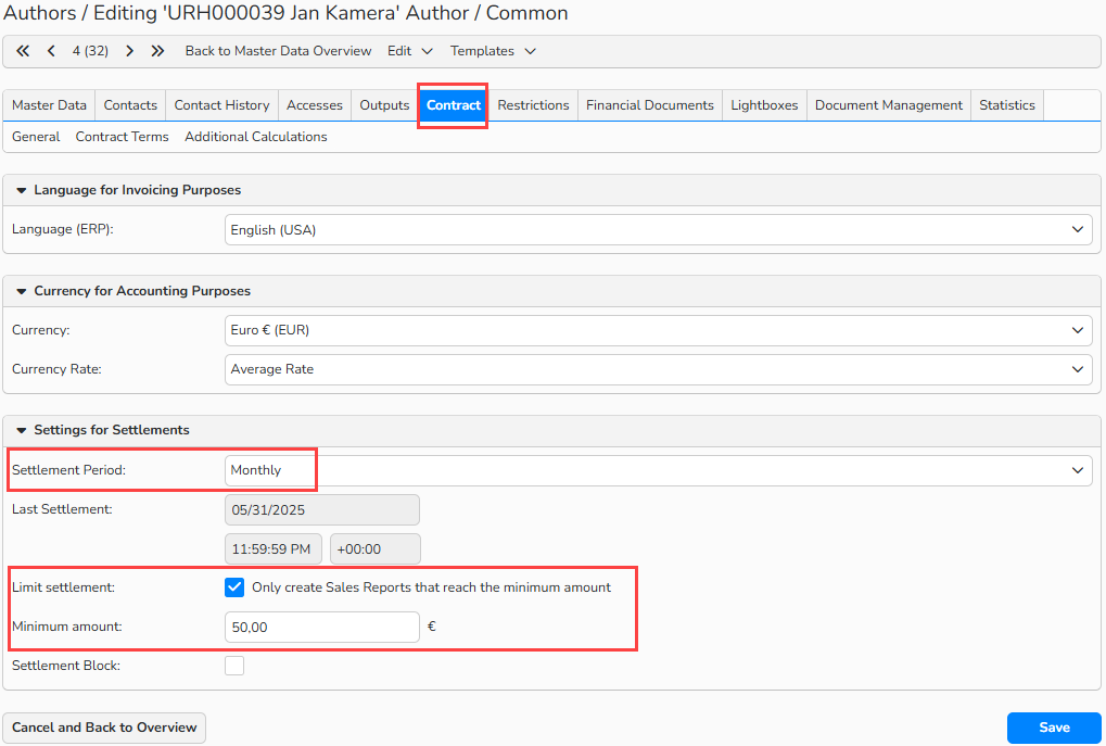 Screenshot of the Author setup window with the Contract tab open and highlighted. The highlighted options show how to configure Settlement Period, Limit Settlement, and Minimum Amount.