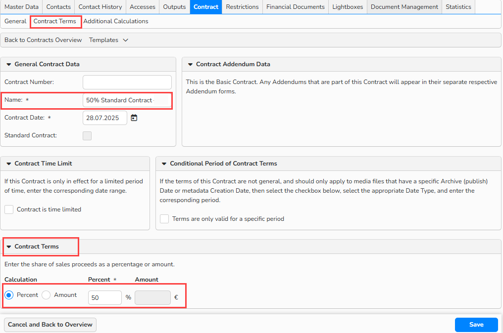 Screenshot of the Author setup window with the Contract tab open and the Contract Terms subtab highlighted. The highlighted UI elements show how to set up contract terms for a photographer contract.
