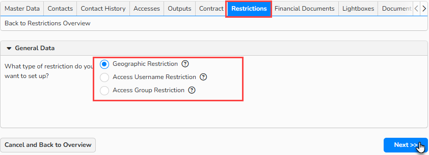 Screenshot of the Author setup window with the Restrictions tab open and highlighted. The three restriction types are highlighted, the Geographical restriction type is selected and the Next button is highlighted to indicate the action.