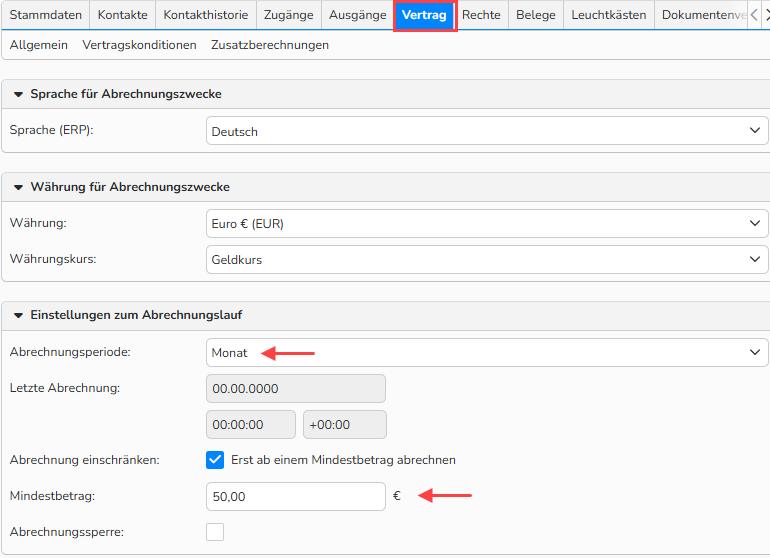 Screenshot des Autoren‑Setup‑Fensters mit geöffnetem und hervorgehobenem Tab Vertrag. Die hervorgehobenen Optionen zeigen, wie Abrechnungszeitraum, Abrechnungslimit und Mindestbetrag konfiguriert werden.