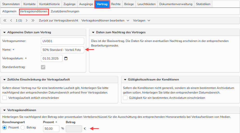 Screenshot des Autoren‑Setup‑Fensters mit geöffnetem und hervorgehobenem Tab Vertrag sowie dem hervorgehobenen Sub-Tab Vertragsbedingungen. Die markierten UI‑Elemente zeigen, wie die Vertragsbedingungen für einen Fotografenvertrag eingerichtet werden.