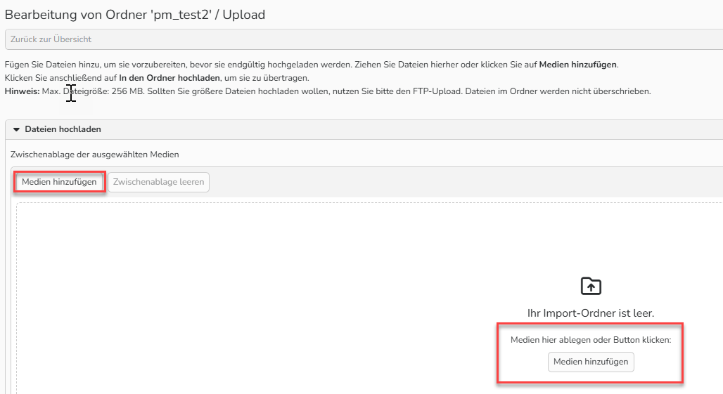 Screenshot eines Upload-Ordners für Medien mit dem Bereich „Dateien hochladen“. Die Schaltflächen „Medien hinzufügen“ sind hervorgehoben.