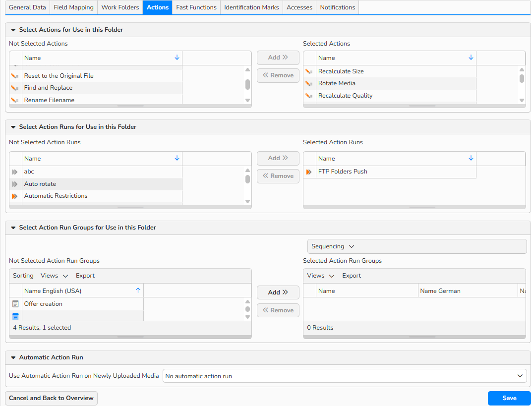 Screenshot of the Actions tab for a folder. It shows the UI elements to enable Actions, Action Runs, Action Run Groups, and Automatic Action runs for the folder.