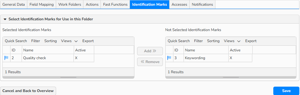 A screenshot showing the Identification Marks tab for a folder. UI elements to add info labels to media files are shown.