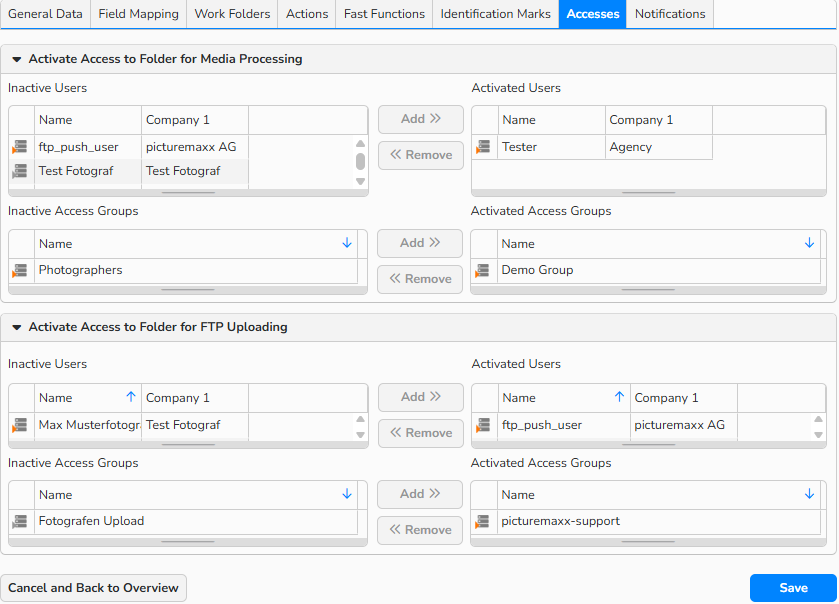 A screenshot showing the Accesses tab for a folder. It shows UI elements for setting user permissions to view the folder and upload media via FTP.