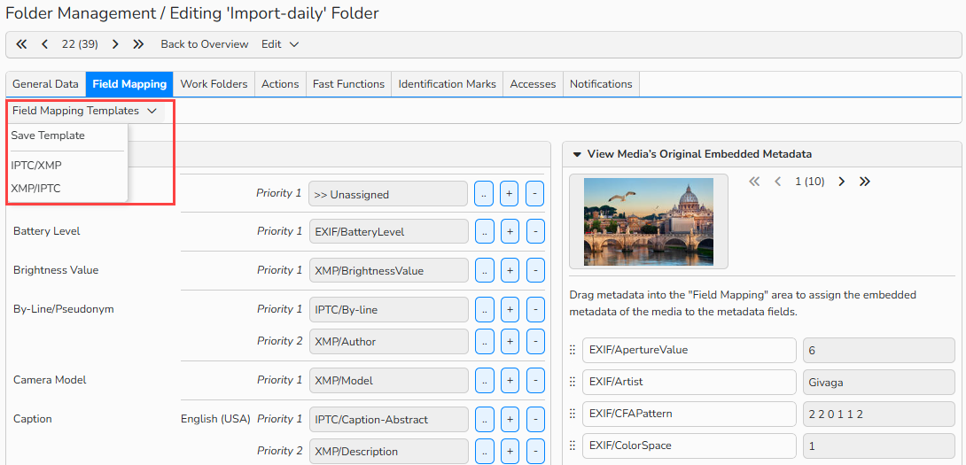 Screenshot of the Field Mapping tab in a folder. It shows UI elements for mapping metadata fields. The Field Mapping Templates menu is highlighted, including options to switch between IPTC/XMP and XMP/IPTC templates and to save custom templates.