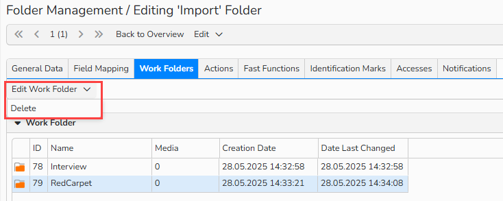 Screenshot of the Work Folders tab for a folder. It shows the Edit Work Folder menu with the Delete option.