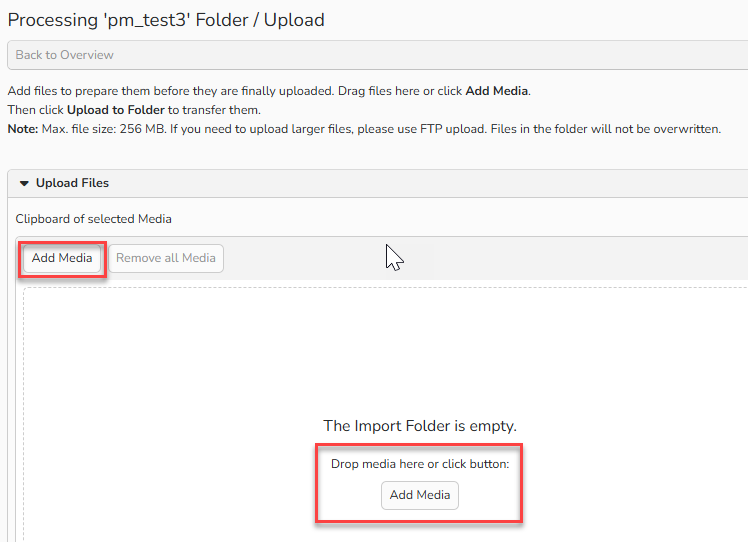 Screenshot of an upload folder for media with the panel Upload Files. The buttons Add Media are highlighted.