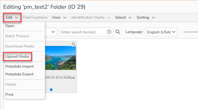 Screenshot of an upload folder for media. The “Edit” and “Upload Media” buttons are highlighted in the menu.