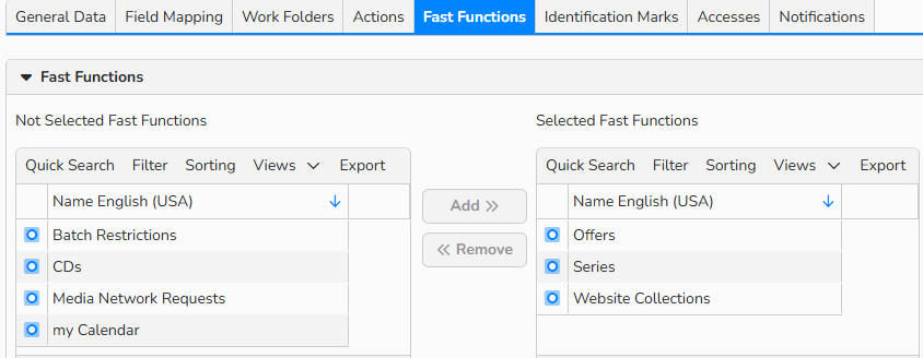 A screenshot showing the Fast Functions tab for a folder. UI elements to link folder files to Batch restrictions, Website Collections, Series, or Offers are shown.