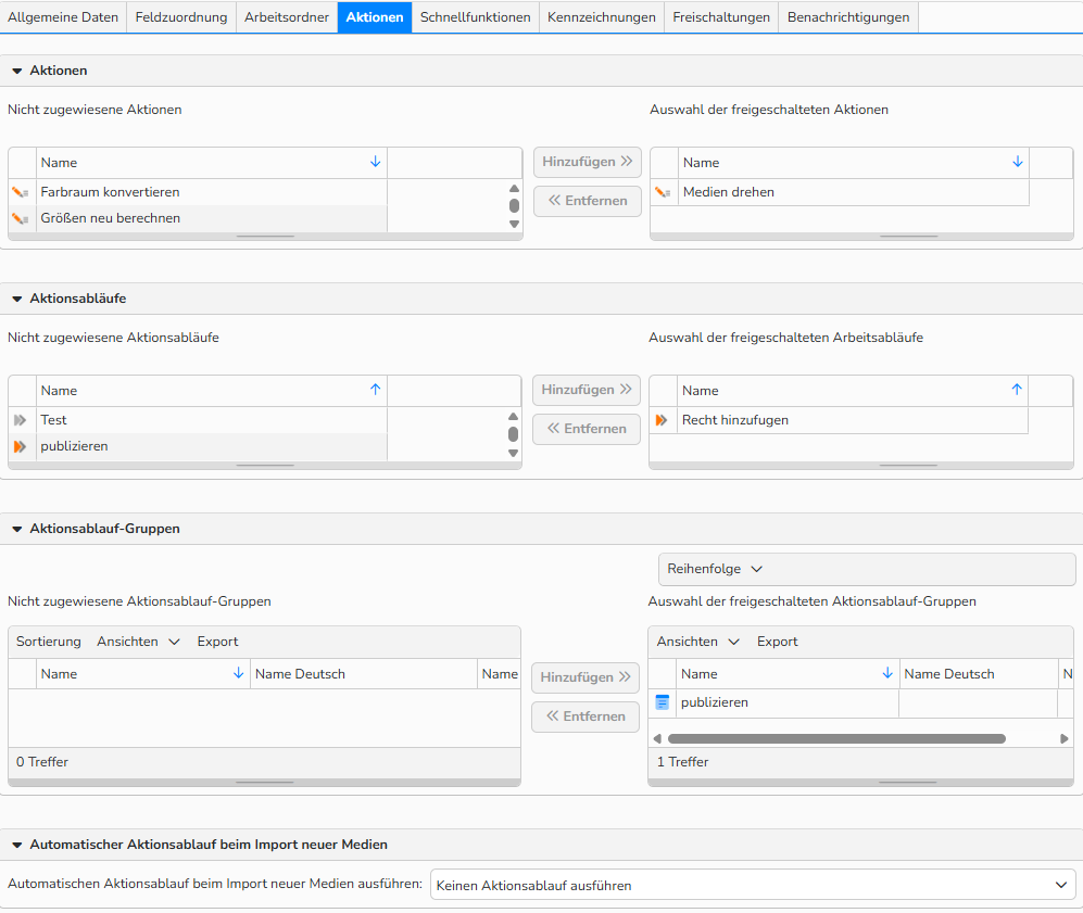Screenshot der Registerkarte „Aktionen“ für einen Ordner. Er zeigt die UI-Elemente zum Aktivieren von Aktionen, Aktionsabläufen, Aktionsablaufgruppen und automatischen Aktionsabläufen für den Ordner.