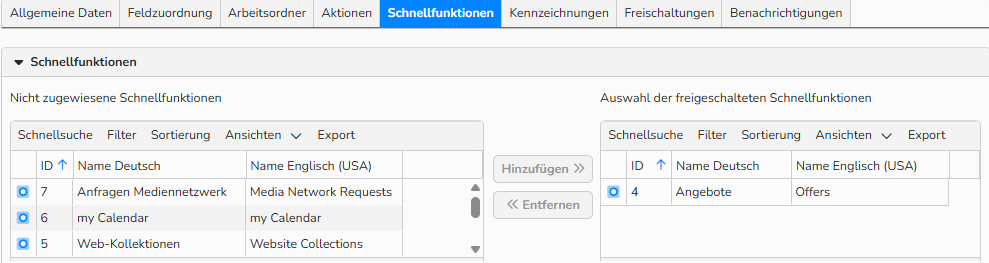 Ein Screenshot, der die Registerkarte „Schnellfunktionen“ für einen Ordner zeigt. Es werden UI-Elemente angezeigt, mit denen Ordnerdateien mit Rechten, Website-Kollektionen, Serien oder Angeboten verknüpft werden können.