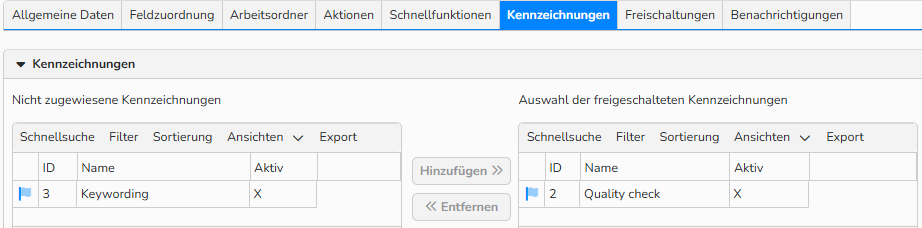 Ein Screenshot, der die Registerkarte „Kennzeichnungen“ für einen Ordner zeigt. Es werden UI-Elemente zum Hinzufügen von Kennzeichnungen zu Mediendateien angezeigt.