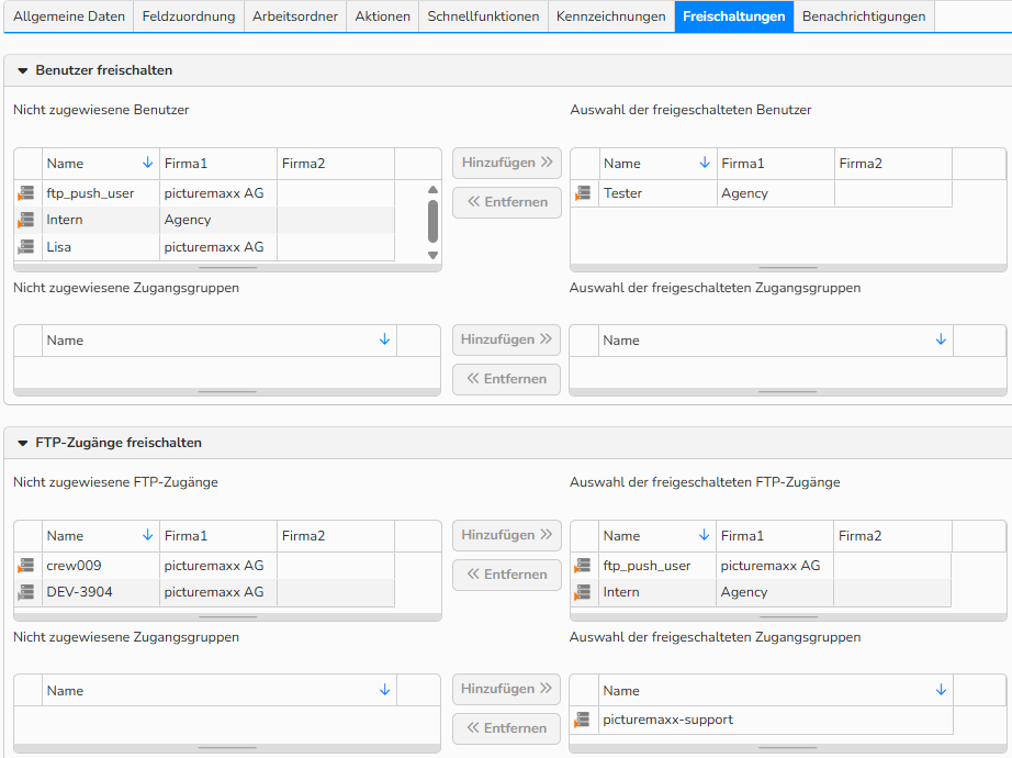 Ein Screenshot, der die Registerkarte „Freischaltungen“ für einen Ordner zeigt. Er zeigt UI-Elemente zum Festlegen von Benutzerberechtigungen zum Anzeigen des Ordners und zum Hochladen von Medien über FTP.