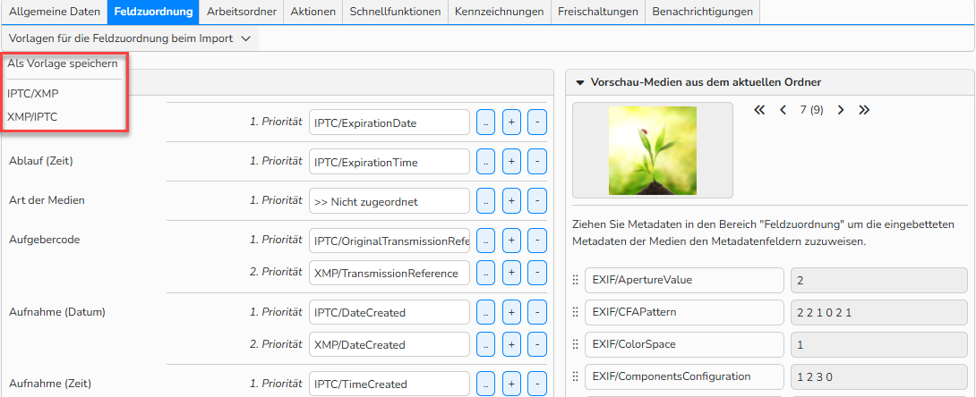Screenshot der Registerkarte „Feldzuordnung“ in einem Ordner. Er zeigt UI-Elemente für die Zuordnung von Metadatenfeldern. Das Menü 