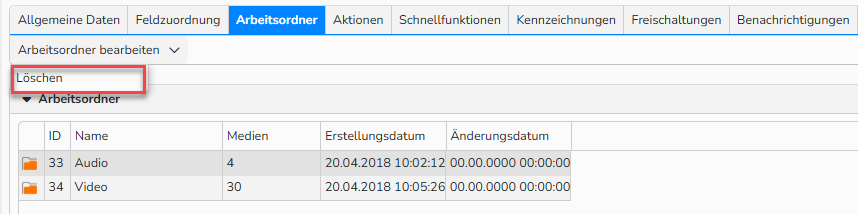 Screenshot der Registerkarte „Arbeitsordner“ für einen Ordner. Er zeigt das Menü „Arbeitsordner bearbeiten“ mit der Option „Löschen“.