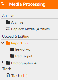 A screenshot of a folder structure in the “Media Processing“ module. The “Archive” area with the