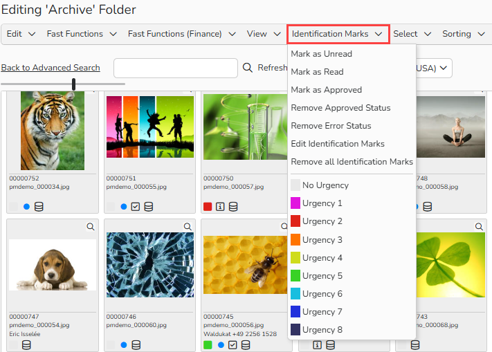 A screenshot of an Editing Archive Folder window showing the identification Marks menu options.