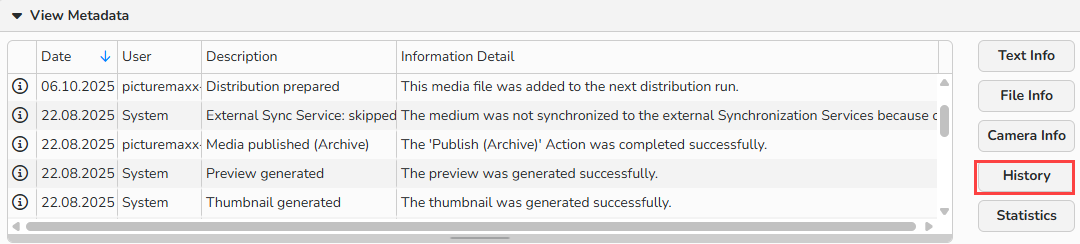 Screenshot of the View Metadata panel with the file’s operation history displayed. The History option is highlighted.