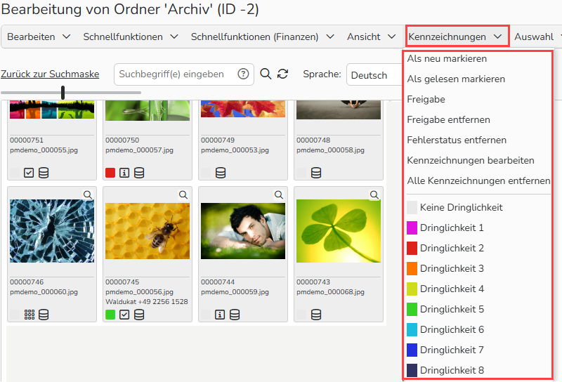 Ein Screenshot des Fensters „Bearbeitung von Ordner Archiv“ mit den Optionen des oberen Menüs. Der Menüpunkt 