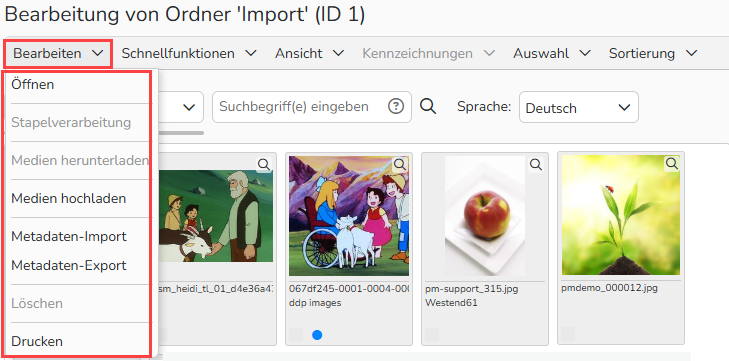 Screenshot des Fensters zum Bearbeiten des Importordners mit den Optionen des oberen Menüs. Das Menü „Bearbeiten“ ist hervorgehoben und enthält die Befehle