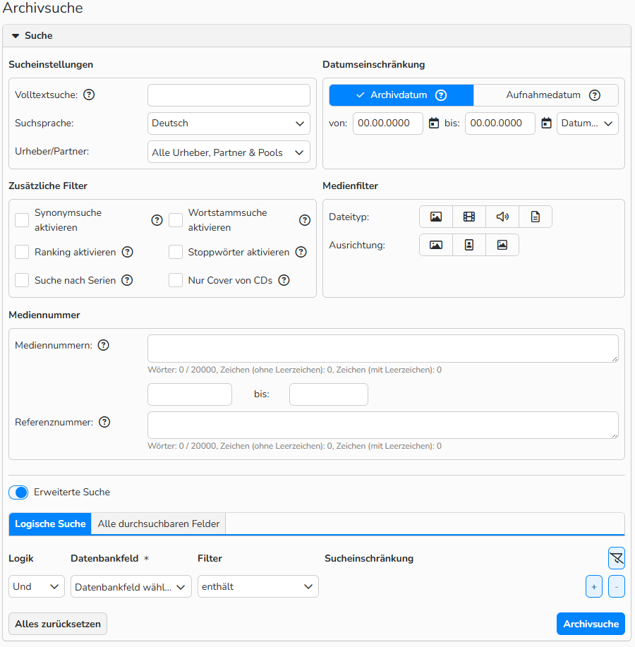 Screenshot des Suchdialogs im Archiv mit UI-Elementen für Standardsuchoptionen, Filter und erweiterte Sucheinstellungen.
