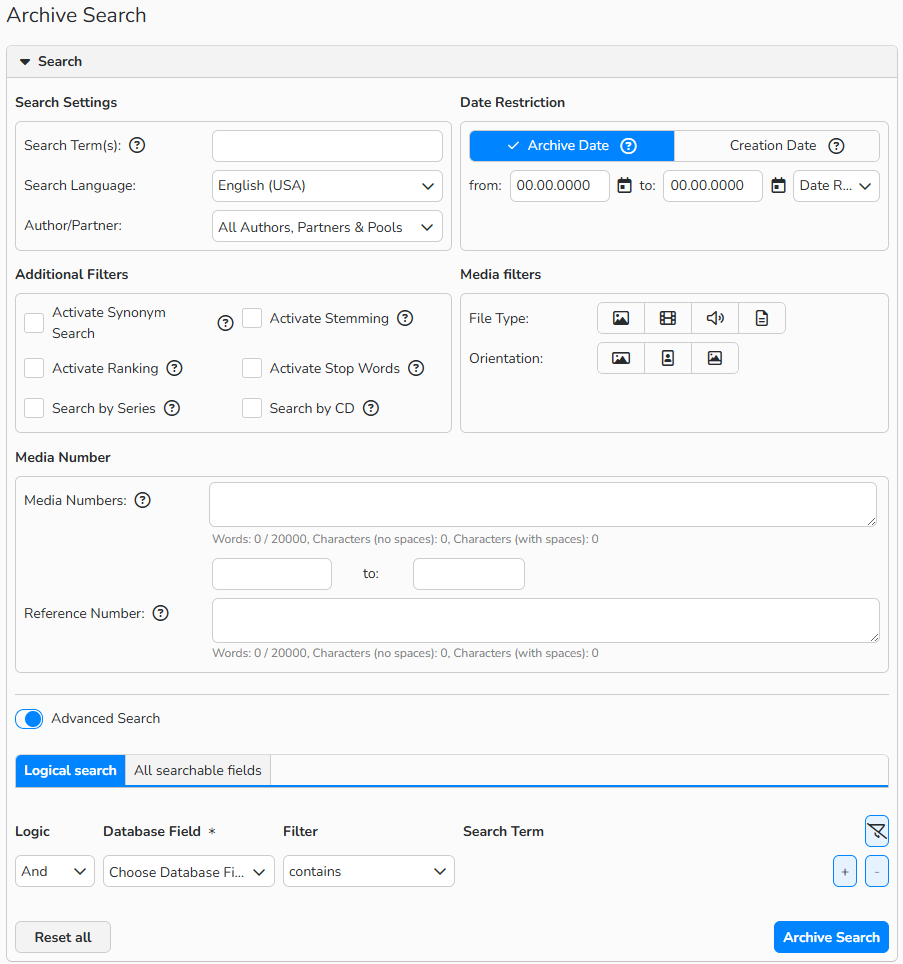 media_archive_search_en Screenshot of the Archive Search dialog with UI elements for standard search options, filters, and advanced search settings.